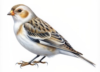 Fototapeta premium Delicate snow bunting bird with striking white and brown plumage perches alone on a transparent background, showcasing its Arctic wanderer charm in crisp detail.