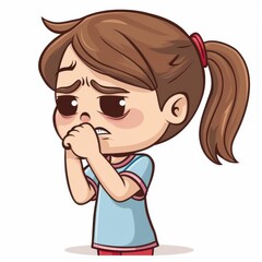 Obraz premium A cute cartoon girl coughs into her elbow, showcasing good hygiene. Clean and simple design on a white background.