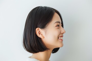 黒髪ボブの綺麗な日本人女性の横顔の写真（ヘアケア・ボブヘア・短髪・背景なし）