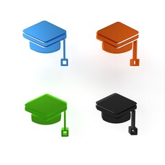 Colorful Graduation cap icon isolated on white background. Graduation hat with tassel icon. Minimalism concept. 3D render illustration