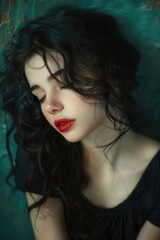 A woman with long black hair and red lipstick is sitting on a wall