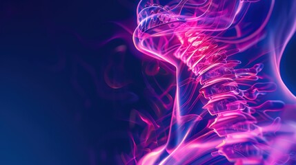 A colorful image of a human skeleton with pink and blue colors