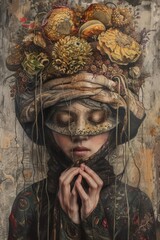 A woman wearing a flowery headdress and a veil