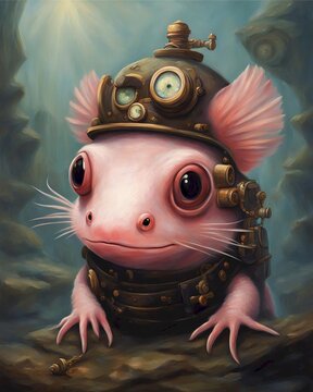 Whimsical digital illustration of a pink axolotl wearing steampunk goggles and a vest with brass buttons and gears against a soft, swirling mix of blue and green hues, Generative AI.