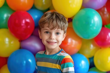 Obraz premium joyful young boy, wearing, holding colorful balloons