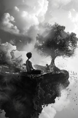 Obraz premium A man is sitting on a rock with a tree in the background