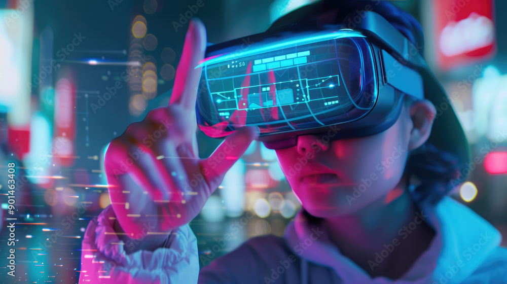 Poster a person interacts with a holographic interface to make a withdrawal using ar glasses in a bustling 