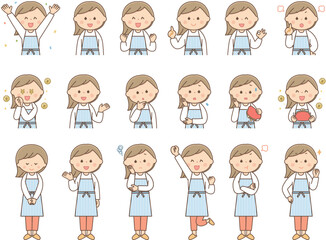 色々な表情のエプロンをした主婦のセット