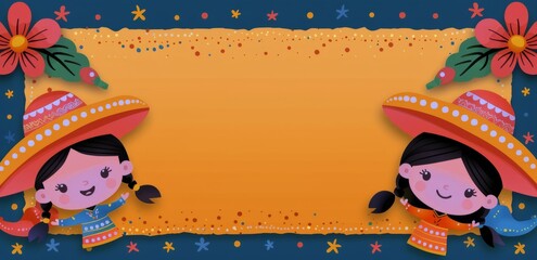 Fototapeta premium Two Girls in Sombreros Holding a Blank Banner