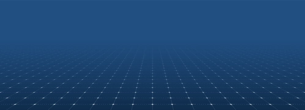 Blue background with white perspective grid lines creating a square pattern. Template platform for technology, user interface, industry, science, blueprint, or infographic concept. Vector illustration