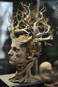 A sculpture of a woman's head with tree branches on it