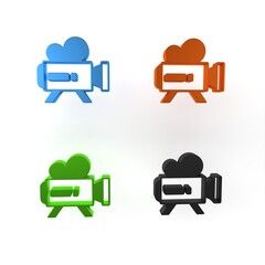 Colorful Retro cinema camera icon isolated on white background. Video camera. Movie sign. Film projector. Minimalism concept. 3D render illustration