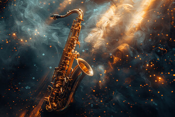 Obraz premium Saxophone solo on a dark stage in bright rays with gold dust. Music and sound concept. Generated by artificial intelligence