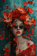 A woman wearing a flower crown and sunglasses