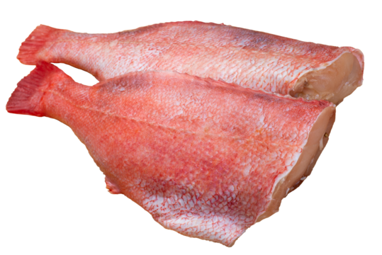 Two butchered pink snappers. Laid out fishes at the fish market