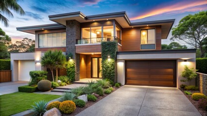 A modern suburban home's exterior showcases elegant architecture, lush greenery, and a welcoming atmosphere, evoking feelings of warmth and tranquility for potential homebuyers.