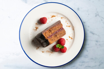 Delicious original sacher chocolate cake from an overhead perspective.