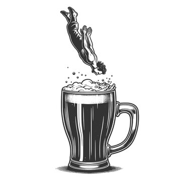 recommend clip art: man diving into an overflowing mug of beer, merging classic art with humor sketch engraving generative ai fictional character raster illustration. Scratch board imitation. Black and white image.
