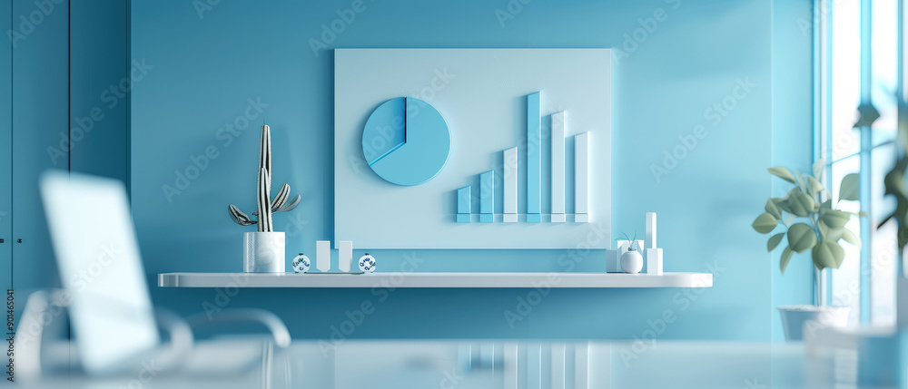 Poster explore floating 3d bar graphs and pie charts, highlighting data visualization trends in a contempor