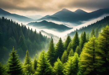 Fototapeta premium majestic foggy mountain range covered dense pine tree forests creating serene mystical nature landscape, woods, hill, scenic, alpine, green, cloud, mist, view