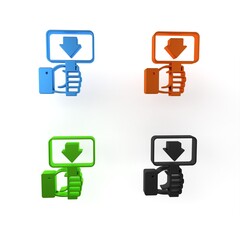 Colorful Hand holding auction paddle icon isolated on white background. Bidding concept. Auction competition. Hands rising signs with BID inscriptions. Minimalism concept. 3D render illustration