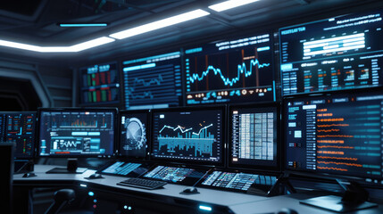 A futuristic spaceship control room featuring 3D financial charts. Ideal for science fiction and finance-themed projects.