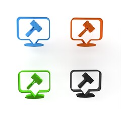 Colorful Auction hammer icon isolated on white background. Gavel - hammer of judge or auctioneer. Bidding process, deal done. Auction bidding. Minimalism concept. 3D render illustration