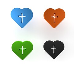 Colorful Christian cross in heart icon isolated on white background. Happy Easter. Minimalism concept. 3D render illustration
