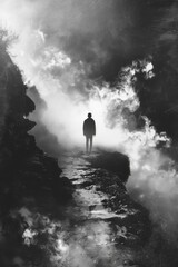 Fototapeta premium A man is walking down a path in the woods