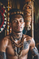 Obraz premium A man with tattoos and a necklace stands in front of a wooden structure
