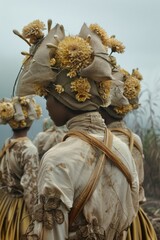 Fototapeta premium Three women wearing yellow flower headdresses stand in a field
