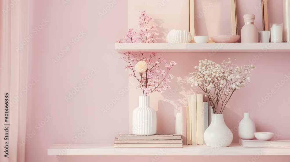 Aufkleber a stylish shelf unit showcases decorative books, vases, and photo frames, adding charm and elegance 