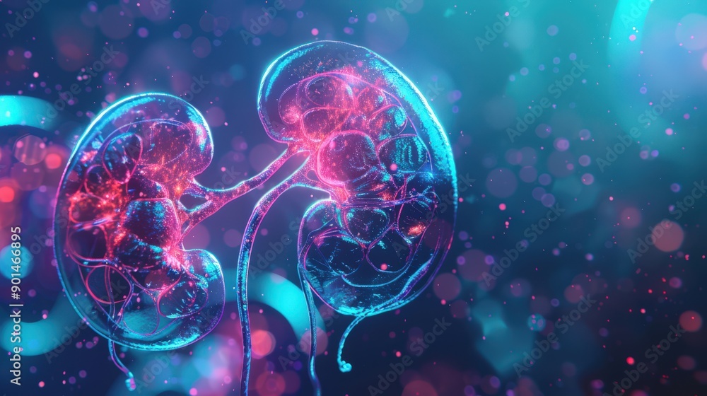 Wall mural a pair of kidneys are shown in a blue and red color scheme