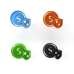 Colorful Money with shield icon isolated on white background. Insurance concept. Security, safety, protection, protect concept. Minimalism concept. 3D render illustration