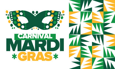 Mardi Gras Carnival in New Orleans. Fat Tuesday. Traditional folk festival with parade and celebration. Annual holiday. Costume masquerade, fun party. Carnival mask. Poster, card, banner. Vector