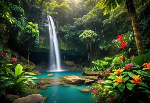 serene hidden waterfall cascading lush tropical jungle verdant foliage crystal clear pool, greenery, exotic, paradise, tranquil, forest, stream, river, flowing - Powered by Adobe