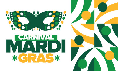Mardi Gras Carnival in New Orleans. Fat Tuesday. Traditional folk festival with parade and celebration. Annual holiday. Costume masquerade, fun party. Carnival mask. Poster, card, banner. Vector