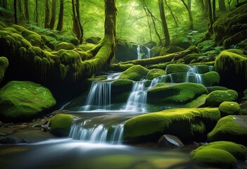 lush dense forest cascading waterfall surrounded verdant trees mossy rocks serene natural landscape, green, foliage, undergrowth, canopy, stream, flowing