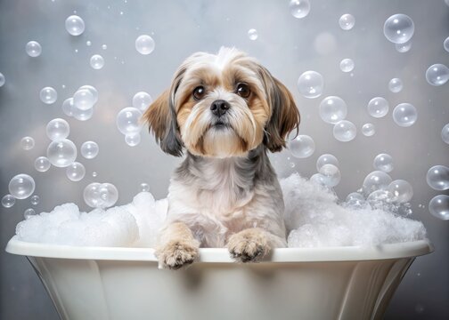 Adorable Shih Tzu dog surrounded by overflowing soap bubbles and suds, enjoying a fun and playful bath time in a white bathtub.