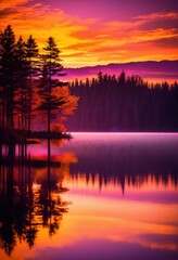 breathtaking sunset over serene lake golden sky reflecting calm water silhouetted trees, reflection, clouds, horizon, evening, dusk, tranquil, peaceful