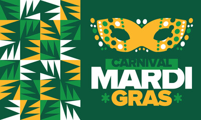 Mardi Gras Carnival in New Orleans. Fat Tuesday. Traditional folk festival with parade and celebration. Annual holiday. Costume masquerade, fun party. Carnival mask. Poster, card, banner. Vector