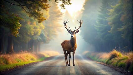 A majestic deer stands cautiously on a misty rural road near a forest, posing a potential road hazard, highlighting the delicate balance between wildlife and transport.