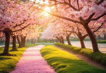 scenic cherry blossoms park blooming trees gentle petals vibrant spring atmosphere, pink, flowers, landscape, nature, scenery, outdoors, greenery, branches