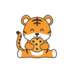 Obraz premium Simple illustration of cute tiger eating a cookie