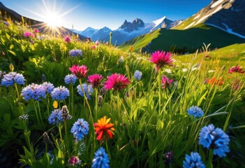 Fototapeta premium vibrant alpine meadow blooming wildflowers under clear sky surrounded majestic mountains background, nature, landscape, beauty, colorful, flora, outdoors