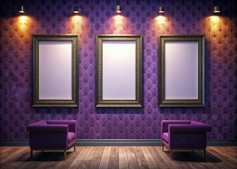 Retro black-framed posters on dark purple wall evoke classic cinema nostalgia, perfect setting for movie night promotions, exclusive screenings, and film enthusiast events.