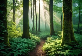Fototapeta premium emerald forest covered lush greenery beneath misty fog dawn soft sunlight filtering through, trees, canopy, shadows, leaves, branches, foliage, undergrowth
