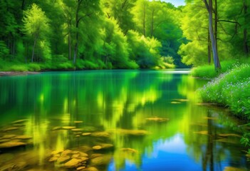 Fototapeta premium serene river winding through lush forest calm waters reflecting verdant trees under clear sky peaceful nature scene, reflection, scenery, landscape, outdoor
