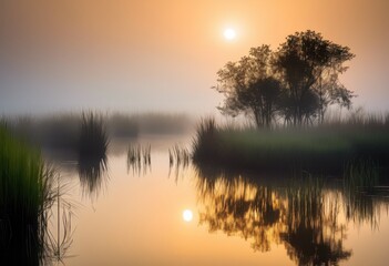 Fototapeta premium foggy marshland silhouetted trees misty atmosphere capturing serene natural landscape, nature, swamp, wetland, water, plant, reflection, shadow, outline