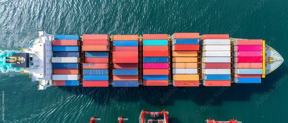 Poster aerial view of a cargo ship with colorful shipping containers in the ocean for import and export